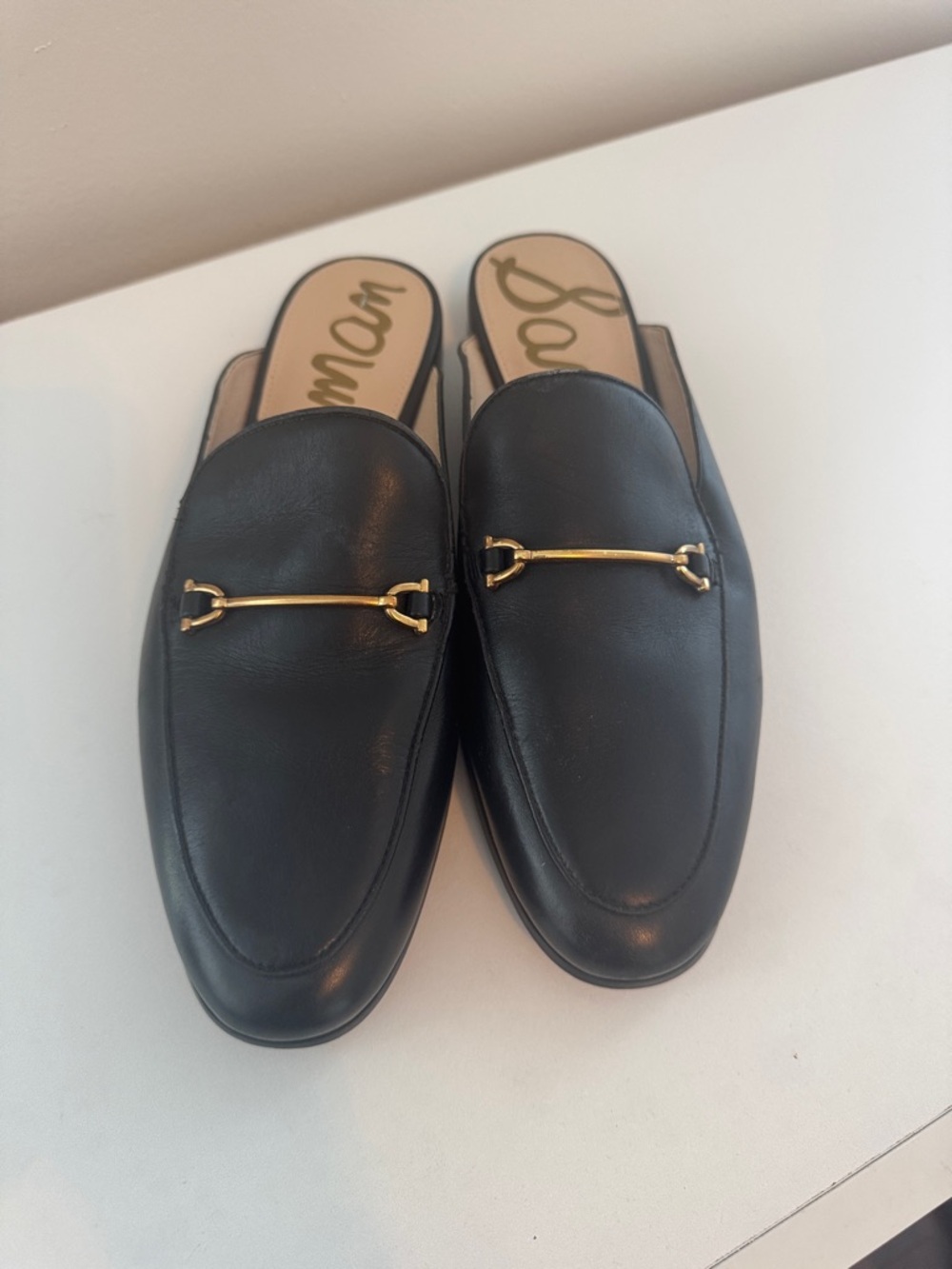 Sam Edelman Black Leather Mule Loafers with Gold Bit